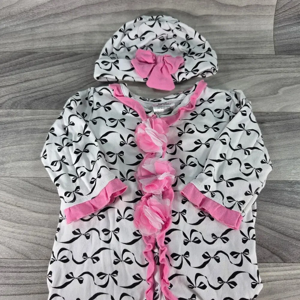 Baby Essentials Bow Footie Sleeper Hat Set Pink White Ruffle Flower 6M EUC